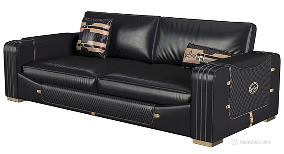 Black Leather Two Seater Sofa With Patterned Cushions And Stylish Armrest Details 3d model