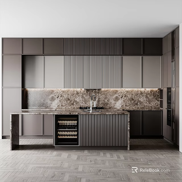 Modern Kitchen Interior Featuring Slatted Cabinets Marble Countertop And Herringbone Floor 3d model 