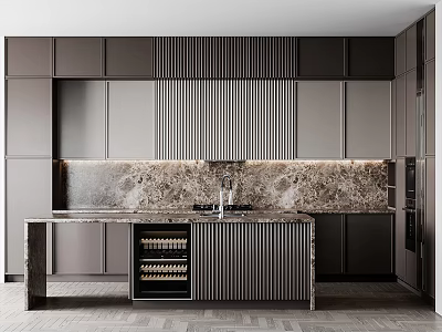 Modern Kitchen Interior Featuring Slatted Cabinets Marble Countertop And Herringbone Floor 3d model