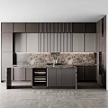 Modern Kitchen Interior Featuring Slatted Cabinets Marble Countertop And Herringbone Floor 3d model