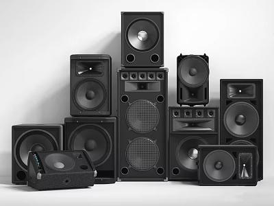 Modern Black Home Audio Speakers With Various Sizes Including Floorstanding And Bookshelf 3d model