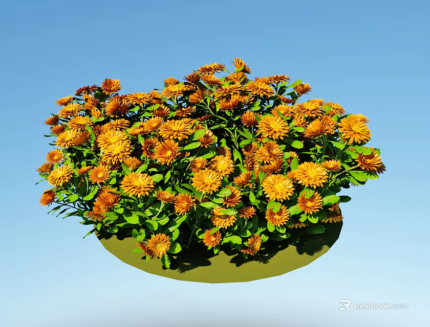 Orange Flowers With Green Leaves In Dense Circular Cluster Against Blue Background 3d model 