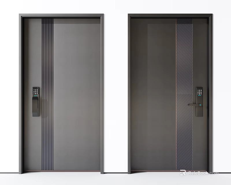 Two Modern Security Doors with Vertical Striped Patterns and Electronic Keypad Locks in Dark Gray 3d model