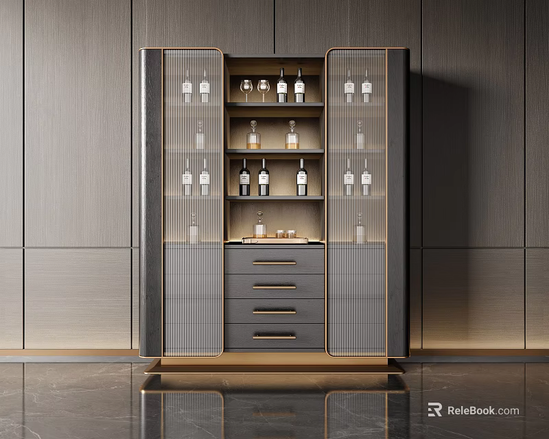 Elegant Modern Wine Cabinet With Glass Doors Wine Bottles And Storage Drawers 3d model 