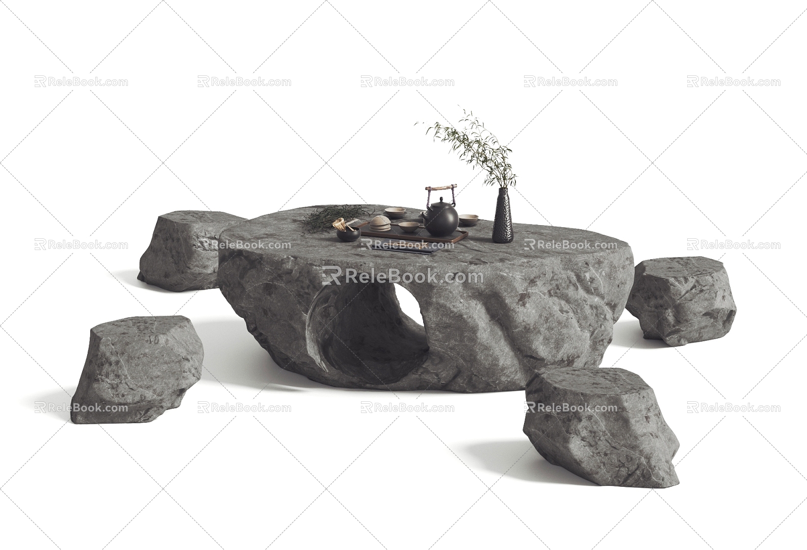 New Chinese Style Outdoor Table and Chair Stone Coffee Table 3d model