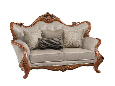 Ornate Two Seater Sofa With Carved Wooden Armrests Beige Upholstery And Decorative Pillows 3d model