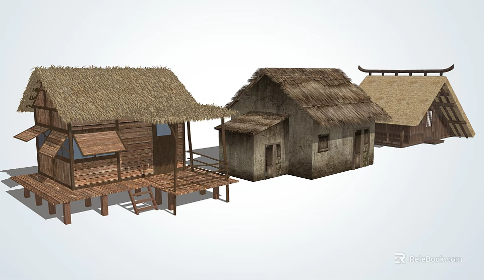 Traditional Rustic Thatched Houses Featuring Wooden Roofs And Architectural Structures 3d model 