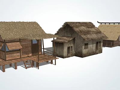 Traditional Rustic Thatched Houses Featuring Wooden Roofs And Architectural Structures 3d model