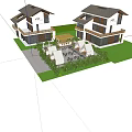 Modern Teahouse Outdoor Area With White Tents Greenery Tables Chairs And String Lights