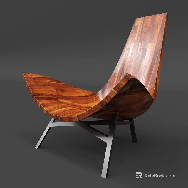 Stylish Wooden Leisure Chair With Curved Design Wood Grain Pattern And Metal Frame 3d model 