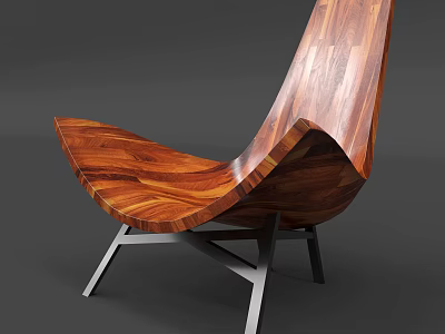 Stylish Wooden Leisure Chair With Curved Design Wood Grain Pattern And Metal Frame 3d model