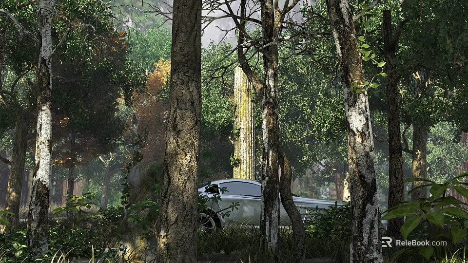 Serene Park Landscape With Tall Trees White Car And Natural Forest Surroundings 3d model 