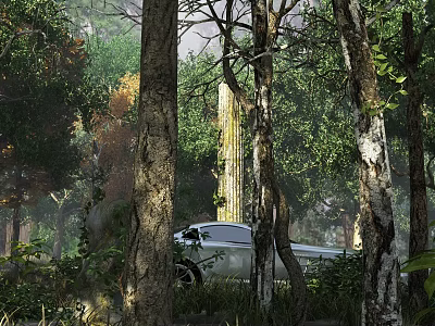 Serene Park Landscape With Tall Trees White Car And Natural Forest Surroundings 3d model