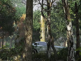 Modern Forest Park Scene Outdoor Landscape Natural Landscape Forest Big Tree Shrub Car Grass Stone Deep Forest 3d model
