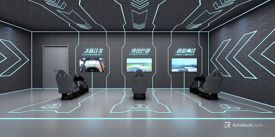 Futuristic Exhibition Hall With Simulator Seats Multiple Screens Blue Line Decor And Illuminated Floor Signs 3d model 