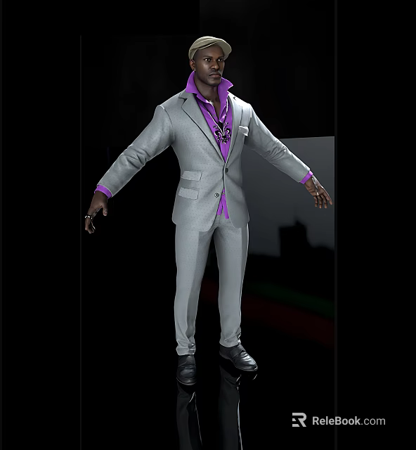 Man in Gray Suit with Purple Shirt and Necklace in Black Display Background 3d model 
