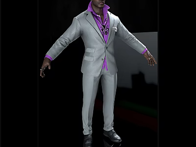 Man in Gray Suit with Purple Shirt and Necklace in Black Display Background 3d model
