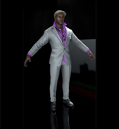 Man in Gray Suit with Purple Shirt and Necklace in Black Display Background 3d model