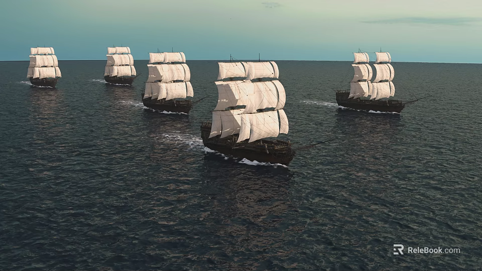Four Sailing Ships With White Sails Navigating Open Ocean Under Calm Sky 3d model 