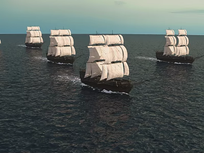 Four Sailing Ships With White Sails Navigating Open Ocean Under Calm Sky 3d model