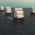 Four Sailing Ships With White Sails Navigating Open Ocean Under Calm Sky