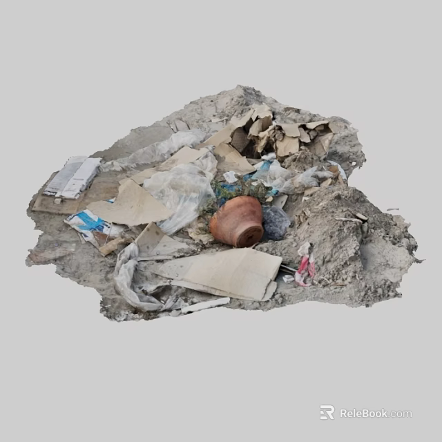 Pile of Garbage with Plastic Bags Cardboard Pieces and Clay Pot on Ground 3d model 