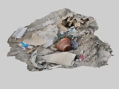 Pile of Garbage with Plastic Bags Cardboard Pieces and Clay Pot on Ground 3d model