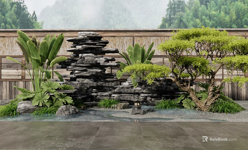 Courtyard Garden With Stone Stack Lush Green Plants Bamboo Fence And Stone Tile Flooring 3d model 