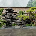 Courtyard Garden With Stone Stack Lush Green Plants Bamboo Fence And Stone Tile Flooring