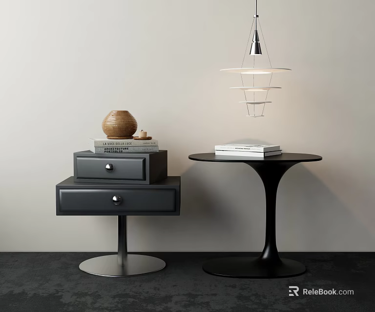Modern Minimalist Bedside Table Interior With Black Drawers Stacked Books And Decorative Vase 3d model 