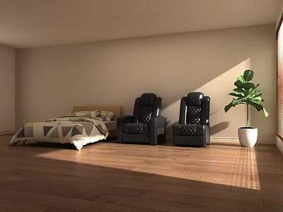 Bedroom Interior With Wooden Floor Black Chairs Green Plant And Sunlight 3d model