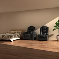 Bedroom Interior With Wooden Floor Black Chairs Green Plant And Sunlight