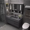 Modern Bathroom Vanity With Gray Countertop LED Mirror Cabinet And Fresh Flowers