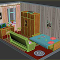Cozy Room Interior With Green Sofa Blue Bed Wooden Wardrobe Desk Yellow Curtains And Posters