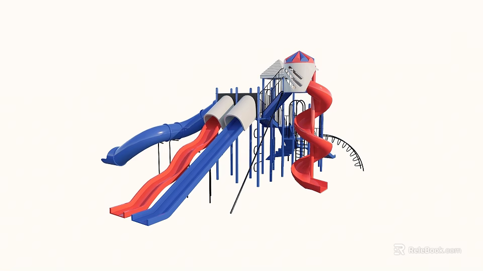 Colorful Playground Equipment with Blue Red Slides Multiple Slide Lanes and Metal Frame Structure 3d model 