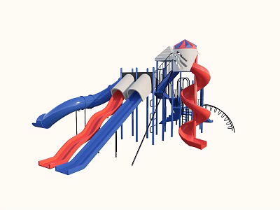 Colorful Playground Equipment with Blue Red Slides Multiple Slide Lanes and Metal Frame Structure 3d model