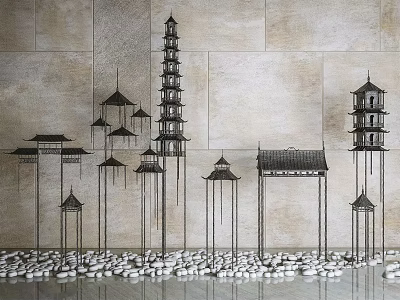 Chinese Style Metal Ornament Set with Pagoda Pavilion Shaped Decorations and Pebbles Against Beige Wall 3d model