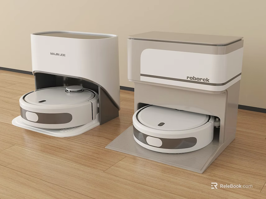 Smart Robot Vacuum Cleaners with Modern Charging Docks on Wooden Floor 3d model 