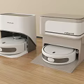 Smart Robot Vacuum Cleaners with Modern Charging Docks on Wooden Floor