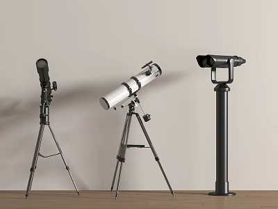 Different Types of Telescopes with Tripod and Stand Mounts Against White Wall on Wooden Floor 3d model