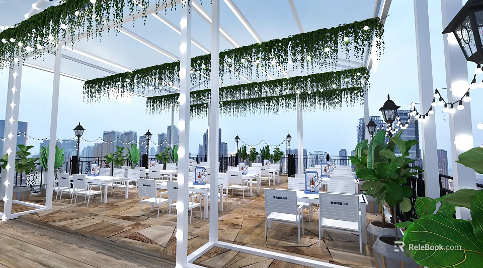 Mall Store Outdoor Dining Space with Hanging Green Vines White Furniture and Wooden Flooring 3d model 