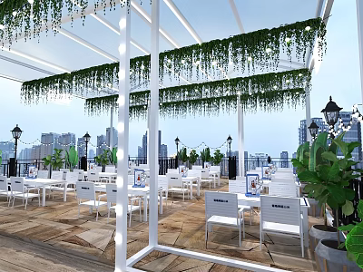 Mall Store Outdoor Dining Space with Hanging Green Vines White Furniture and Wooden Flooring 3d model