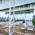 Mall Store Outdoor Dining Space with Hanging Green Vines White Furniture and Wooden Flooring