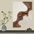 Abstract Art Painting With Wavy Patterns Silver Vase Green Branches And Pebbles