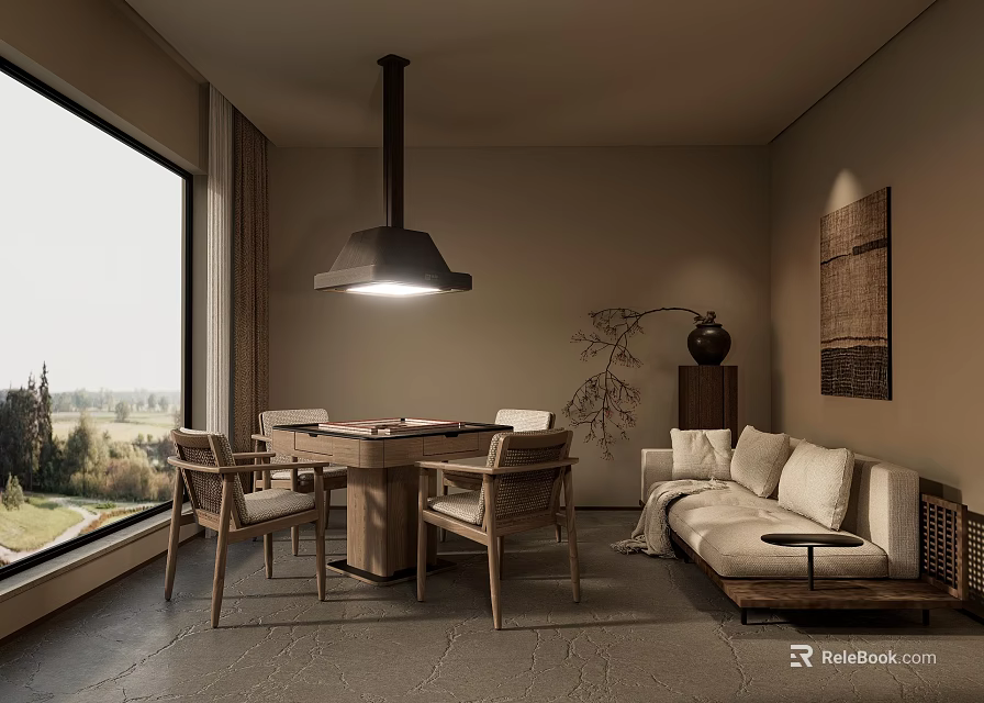 Entertainment Room Interior With Large Windows Sofa Table And Natural View 3d model 