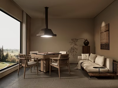 Entertainment Room Interior With Large Windows Sofa Table And Natural View 3d model