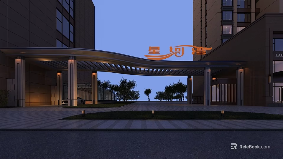 Luxury Modern Entrance Gate with Arched Canopy Pillars and Evening Landscaping Lighting 3d model 