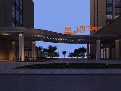 Luxury Modern Entrance Gate with Arched Canopy Pillars and Evening Landscaping Lighting 3d model