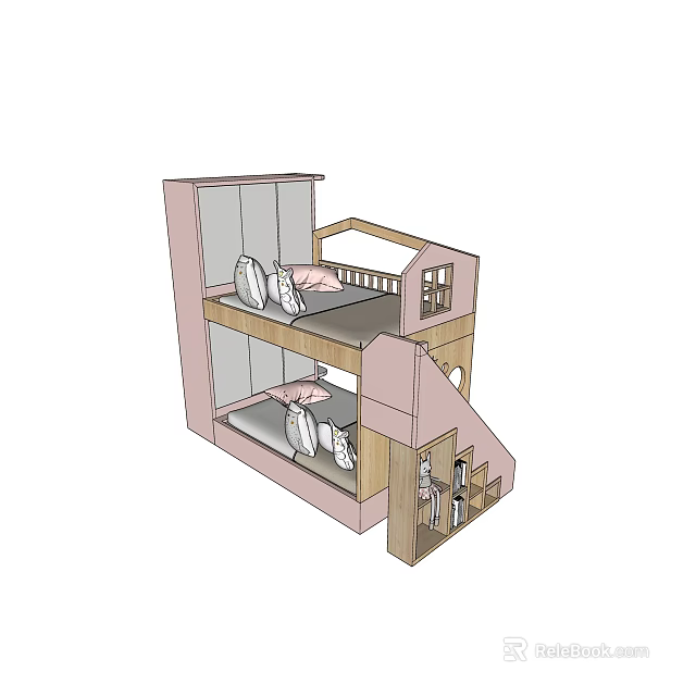 Pink Bunk Bed Design With Staircase Under Stair Storage Mattresses And Pillows 3d model 