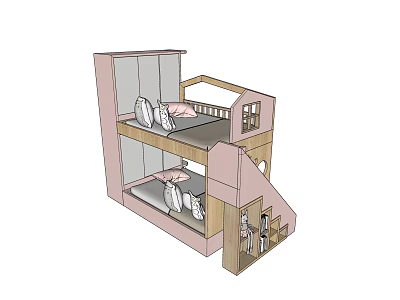 Pink Bunk Bed Design With Staircase Under Stair Storage Mattresses And Pillows 3d model